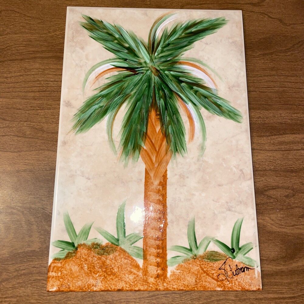 Hand Painted Ceramic Tile Palm Tree by S Putnam Eliane Tile Made in Brazil 8X12